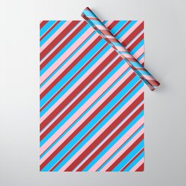 [ Thumbnail: Deep Sky Blue, Pink, and Red Colored Lined/Striped Pattern Wrapping Paper ]