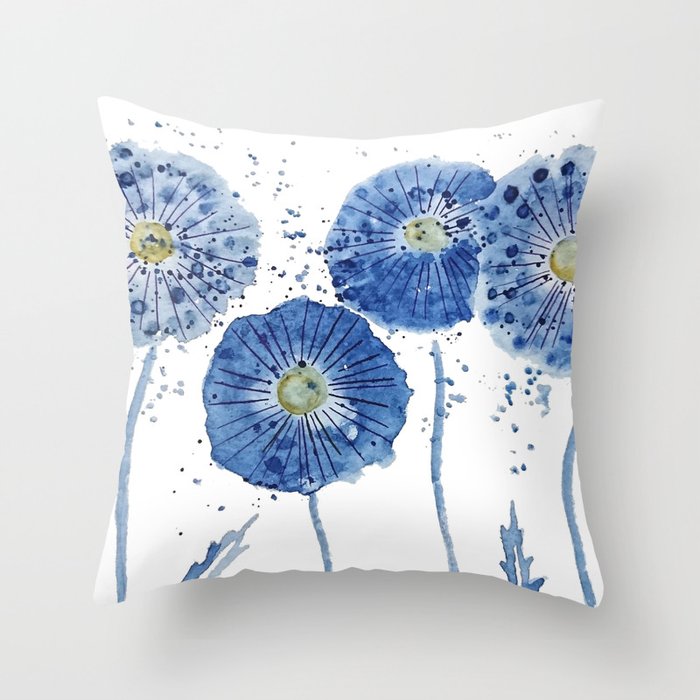 four blue dandelions watercolor Deko-Kissen
