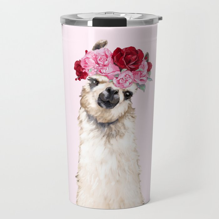 Llama with Pink Roses Flower Crown Travel Mug