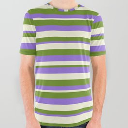 [ Thumbnail: Green, Purple, and Beige Colored Lines Pattern All Over Graphic Tee ]