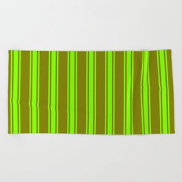 [ Thumbnail: Green and Chartreuse Colored Striped/Lined Pattern Beach Towel ]