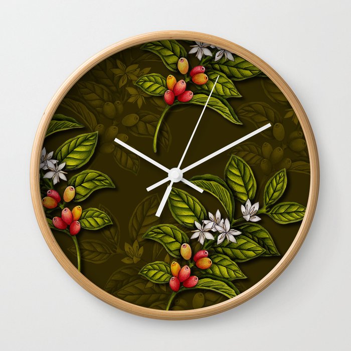 Coffee Plant Branches w/ Coffee Cherries &amp; Flowers Wall Clock