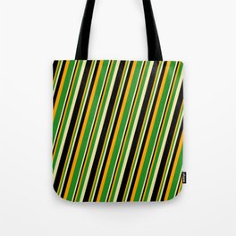 [ Thumbnail: Orange, Forest Green, Pale Goldenrod, and Black Colored Lined/Striped Pattern Tote Bag ]