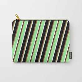 [ Thumbnail: Sienna, Green, White & Black Colored Lined Pattern Carry-All Pouch ]