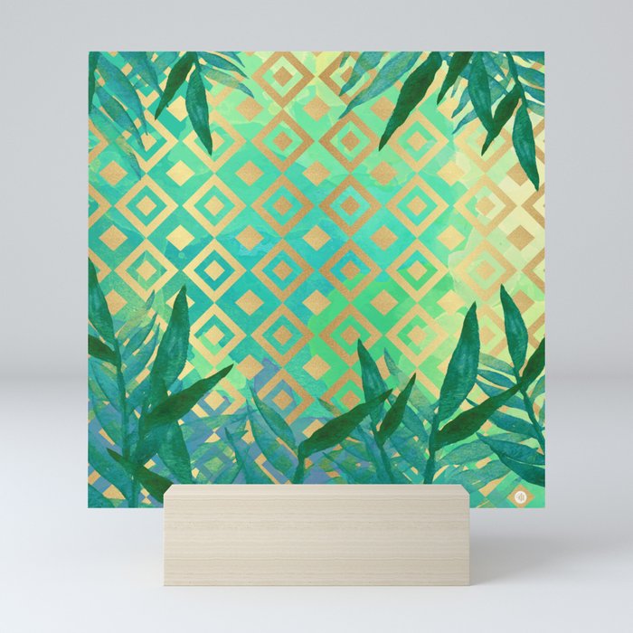 Pattern geometric gold and leaf Mini Art Print