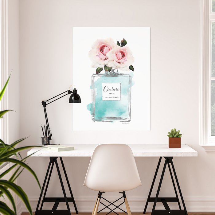 Perfume, watercolor, perfume bottle, with flowers, Teal, Silver, peonies,  Fashion illustration, Poster by Amanda Greenwood
