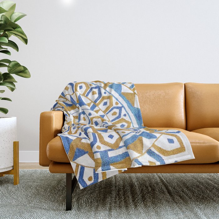Metallic Blue and Gold Acrylic Painting Mandala Square with White Background Throw Blanket