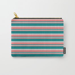 [ Thumbnail: Light Coral, Teal, and Light Grey Colored Lined/Striped Pattern Carry-All Pouch ]