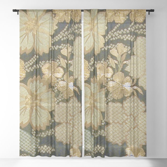 Edo Period Floral Kimono Fragment Print Sheer Curtain
