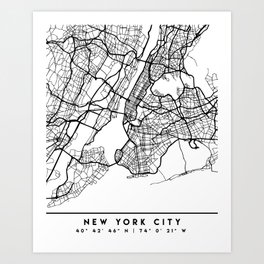NEW YORK CITY NEW YORK BLACK CITY STREET MAP ART Art Print