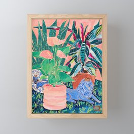 Jungle of House Plants Blush Still Life Painting with Blue Lion Figurine Framed Mini Art Print
