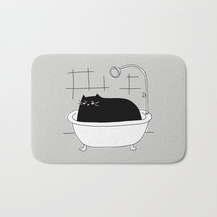 Black Cat in Bathtub Gray Bath Mat