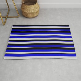 [ Thumbnail: Blue, Light Gray & Black Colored Striped Pattern Rug ]