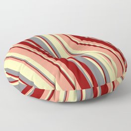 [ Thumbnail: Grey, Dark Red, Dark Salmon, and Pale Goldenrod Colored Striped Pattern Floor Pillow ]