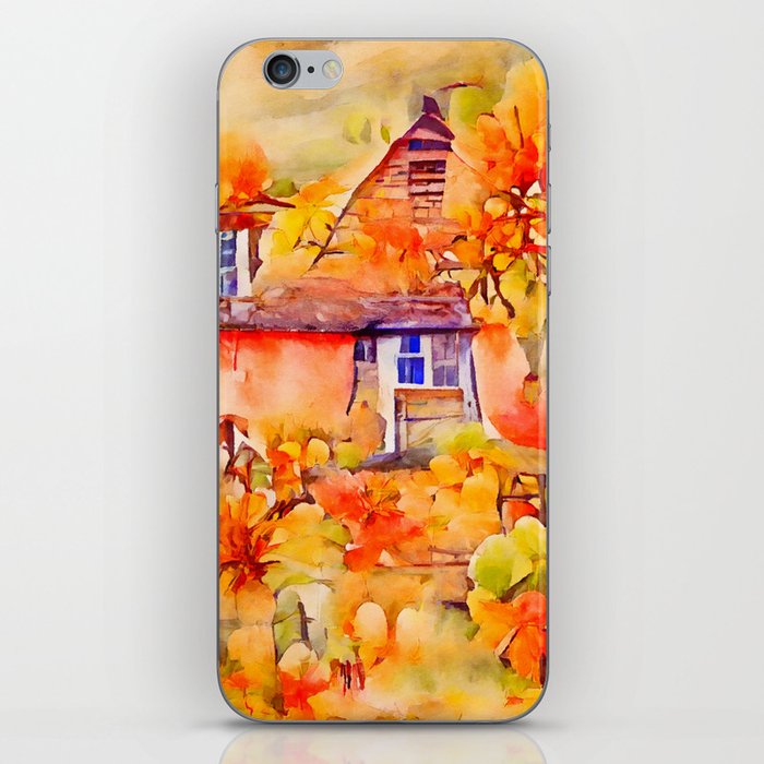 AUTUMN COTTAGE Whimsical Rustic Fall Season Pumpkin Country House Watercolor Painting iPhone Skin