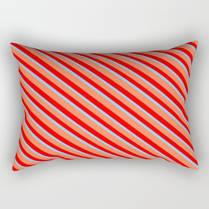 Coral, Red & Light Sky Blue Colored Stripes/Lines Pattern Rectangular Pillow