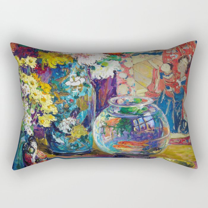 Gold Fish bowl, Fruits, Flowers, and Peonies still life portrait painting by Kathryn Evelyn Cherry Rectangular Pillow