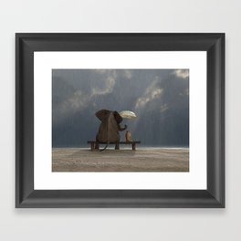 elephant and dog sit under the rain Framed Art Print