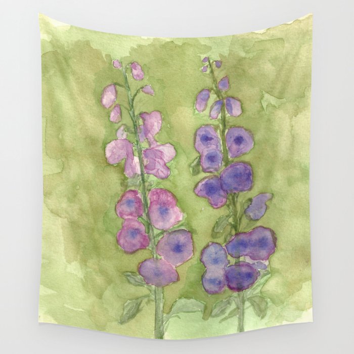 Hollyhock Foxglove Watercolor Muted Tones Wall Tapestry