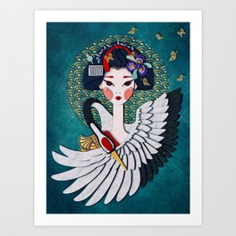 A Paper-Cut Maiko and a Red Crane Art Print