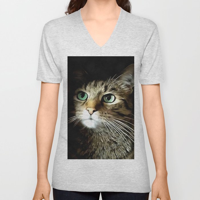 Tabby Cat With Green Eyes Isolated On Black V Neck T Shirt