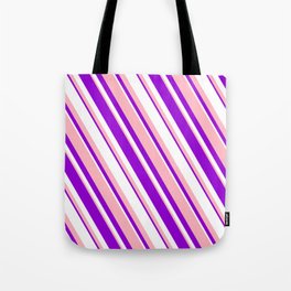 [ Thumbnail: Light Pink, Dark Violet, and White Colored Lined/Striped Pattern Tote Bag ]