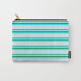 [ Thumbnail: Green, Aqua & Lavender Colored Pattern of Stripes Carry-All Pouch ]