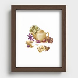 Cozy illustration with teapot cup and cookies. Recessed Framed Print