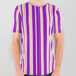 [ Thumbnail: Bisque and Dark Violet Colored Lined/Striped Pattern All Over Graphic Tee ]