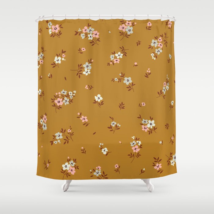 Vintage floral background. Floral pattern with small pastel color flowers on a yellow mustard background. Seamless pattern. Ditsy style. Stock vintage illustration.  Shower Curtain