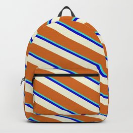 [ Thumbnail: Turquoise, Blue, Beige, and Chocolate Colored Lined/Striped Pattern Backpack ]