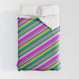 [ Thumbnail: Light Grey, Fuchsia, Green, and Dark Cyan Colored Lines/Stripes Pattern Duvet Cover ]