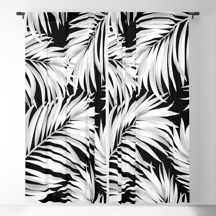 Palm Tree Fronds White on Black Hawaii Tropical Décor Blackout Curtain