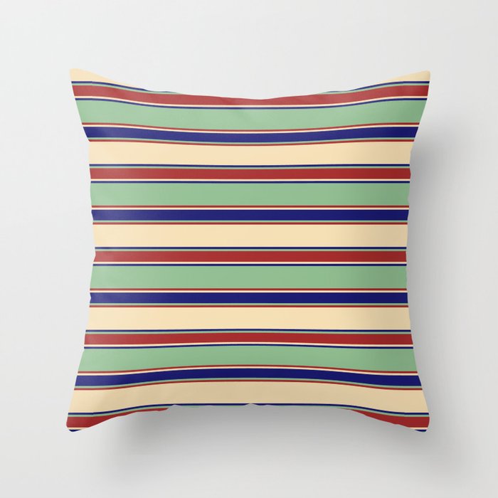 Tan, Midnight Blue, Dark Sea Green & Brown Colored Striped/Lined Pattern Throw Pillow