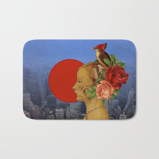 woman with birds and flowers hat Bath Mat