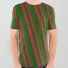 [ Thumbnail: Crimson & Dark Green Colored Lined/Striped Pattern All Over Graphic Tee ]