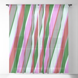 [ Thumbnail: Colorful Violet, Red, Grey, Dark Green & Light Cyan Colored Lined/Striped Pattern Sheer Curtain ]