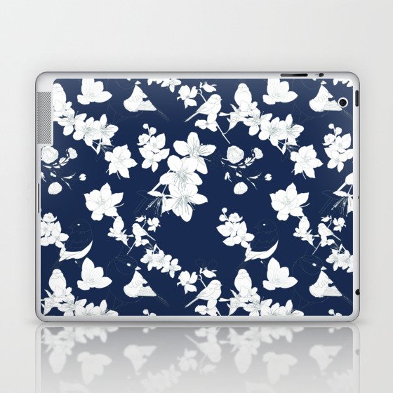 Flowers pattern with Birds in pastel color line art. Laptop & iPad Skin