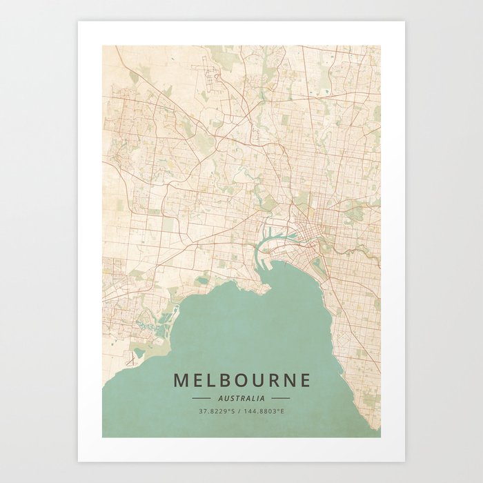 Melbourne, Australia - Vintage Map Art Print