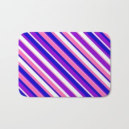 [ Thumbnail: Dark Violet, Mint Cream, Hot Pink, and Blue Colored Stripes/Lines Pattern Bath Mat ]