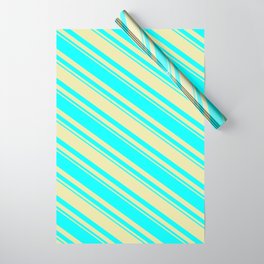 [ Thumbnail: Pale Goldenrod and Cyan Colored Striped/Lined Pattern Wrapping Paper ]