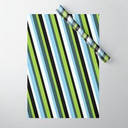 [ Thumbnail: Eye-catching Green, Dark Slate Gray, Sky Blue, Mint Cream & Black Colored Lined Pattern Wrapping Paper ]