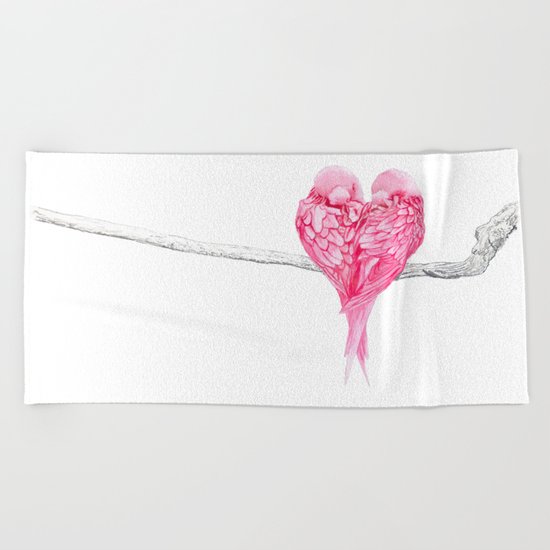 Birds Love Pink Heart Beach Towel