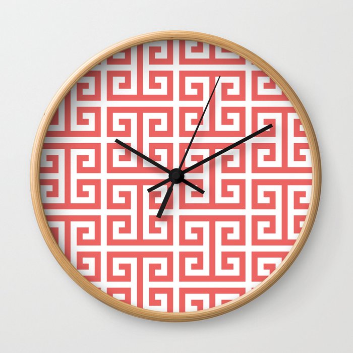 Tropical Coral and White Greek Key Pattern Wall Clock