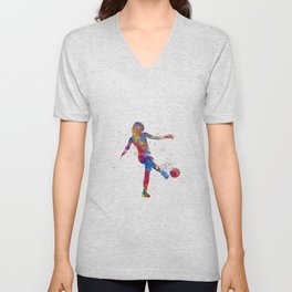 Soccer player kicking in watercolor V Neck T Shirt