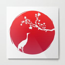 Stork bird. Silhouette blossoms branch sakura flowers and cloud on background red sun. Spring and summer tree cherry wedding symbol culture.  Metal Print | Painting, Pink, Stork, Spring, Yoga, Branch, Shape, Illustration, Cloud, Japan 