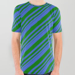 [ Thumbnail: Royal Blue and Green Colored Lines/Stripes Pattern All Over Graphic Tee ]