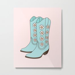 Western Vintage Floral Cowgirl Boots with Daisies in Blush and Mint Blue Metal Print
