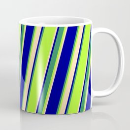 [ Thumbnail: Light Green, Tan, Dark Blue & Sea Green Colored Striped Pattern Coffee Mug ]