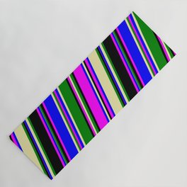 [ Thumbnail: Eye-catching Fuchsia, Blue, Pale Goldenrod, Green, and Black Colored Pattern of Stripes Yoga Mat ]